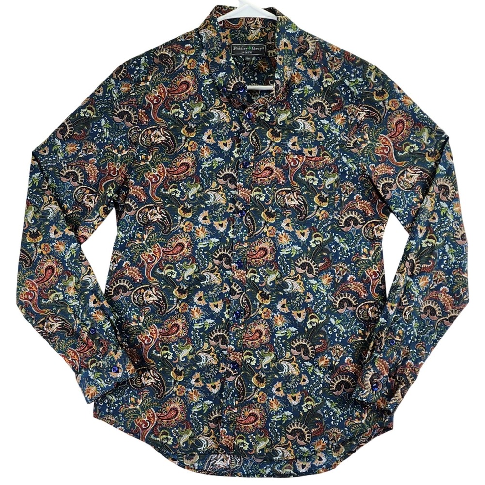 Paisley & Gray Slim Fit Button Down Shirt Mens L Blue Floral Paisley Maximalist